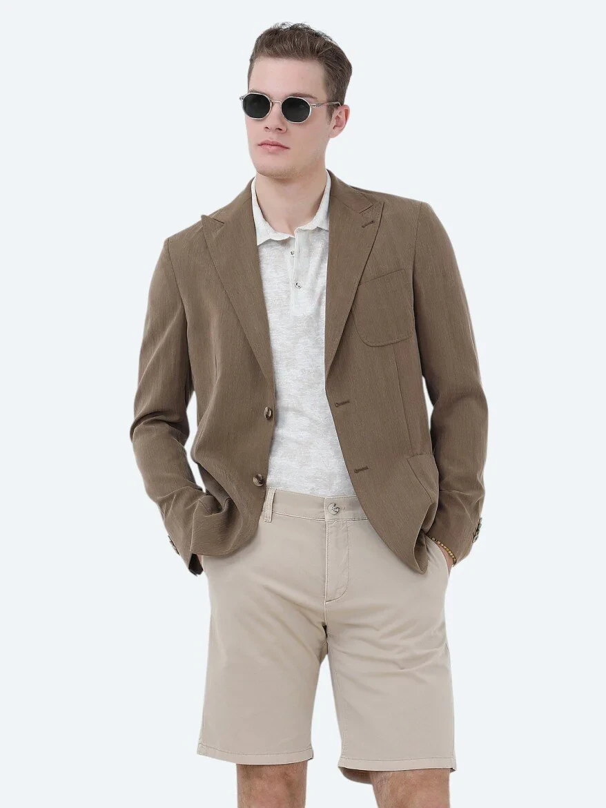 Beige Printed Polo Neck Cotton Blended T-Shirt - 3