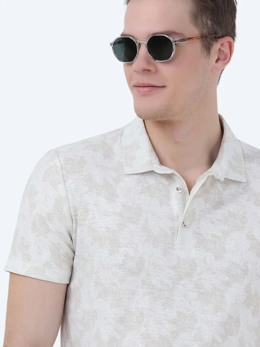 Beige Printed Polo Neck Cotton Blended T-Shirt - 4