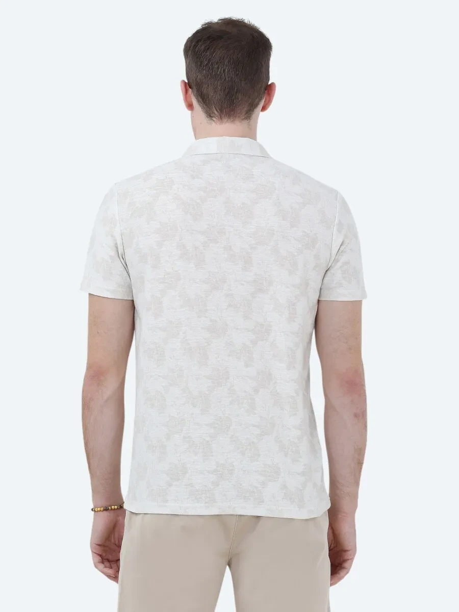 Beige Printed Polo Neck Cotton Blended T-Shirt - 5