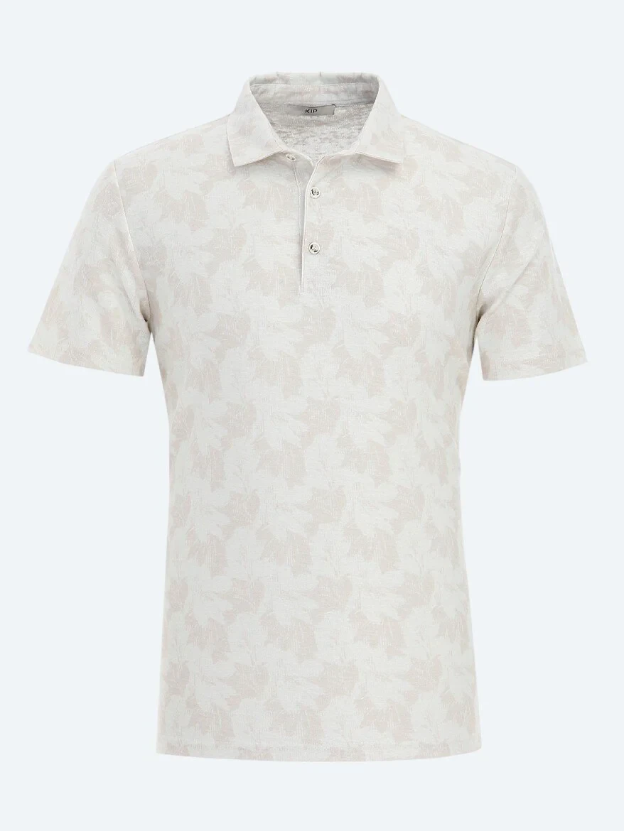 Beige Printed Polo Neck Cotton Blended T-Shirt - 6