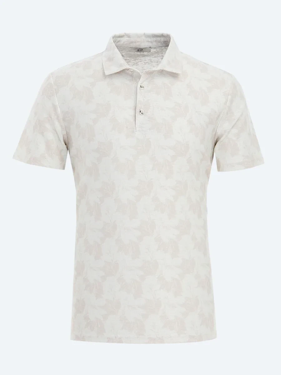 Beige Printed Polo Neck Cotton Blended T-Shirt - 6