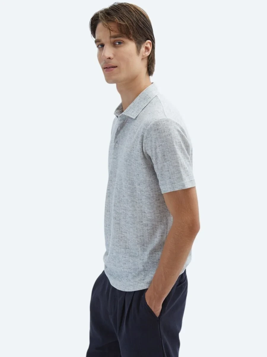 Beige Printed Polo Neck Cotton Blended T-Shirt - 4