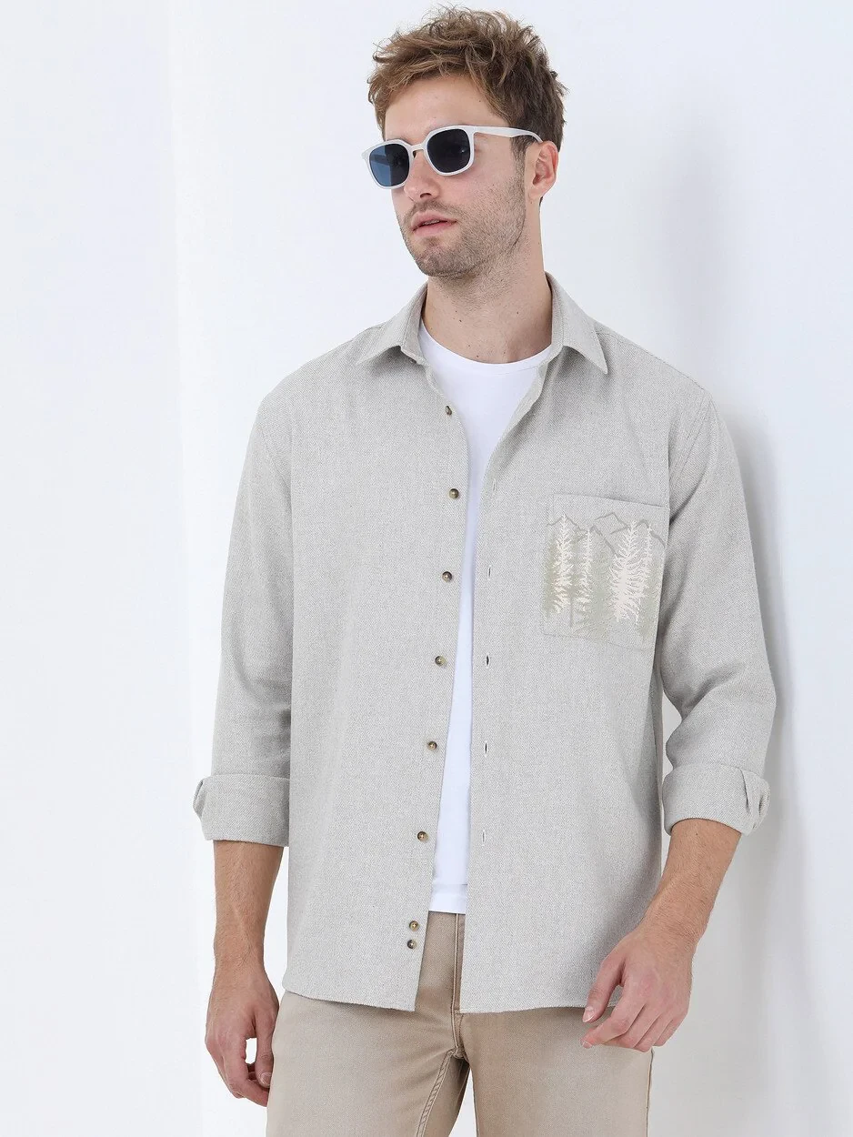 Beige Printed Regular Fit Weaving Casual Cotton Blended Shirt - 1