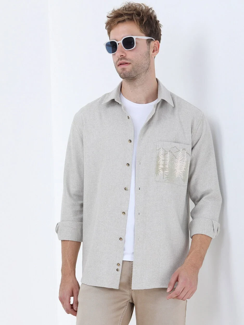 Beige Printed Regular Fit Weaving Casual Cotton Blended Shirt - 1