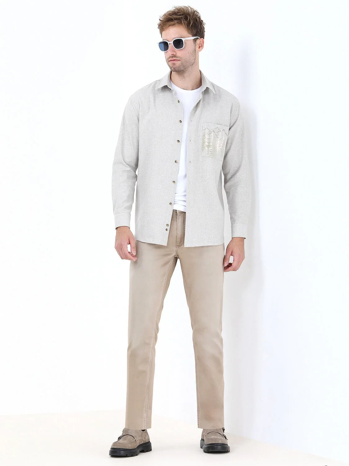 Beige Printed Regular Fit Weaving Casual Cotton Blended Shirt - 2