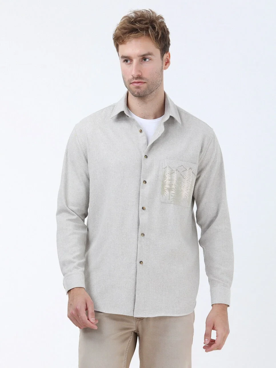 Beige Printed Regular Fit Weaving Casual Cotton Blended Shirt - 3