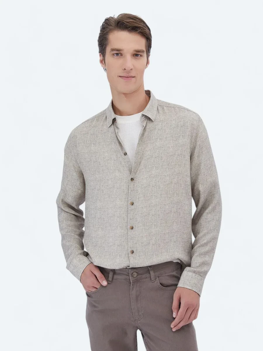 Beige Printed Regular Fit Weaving Casual Shirt - 1