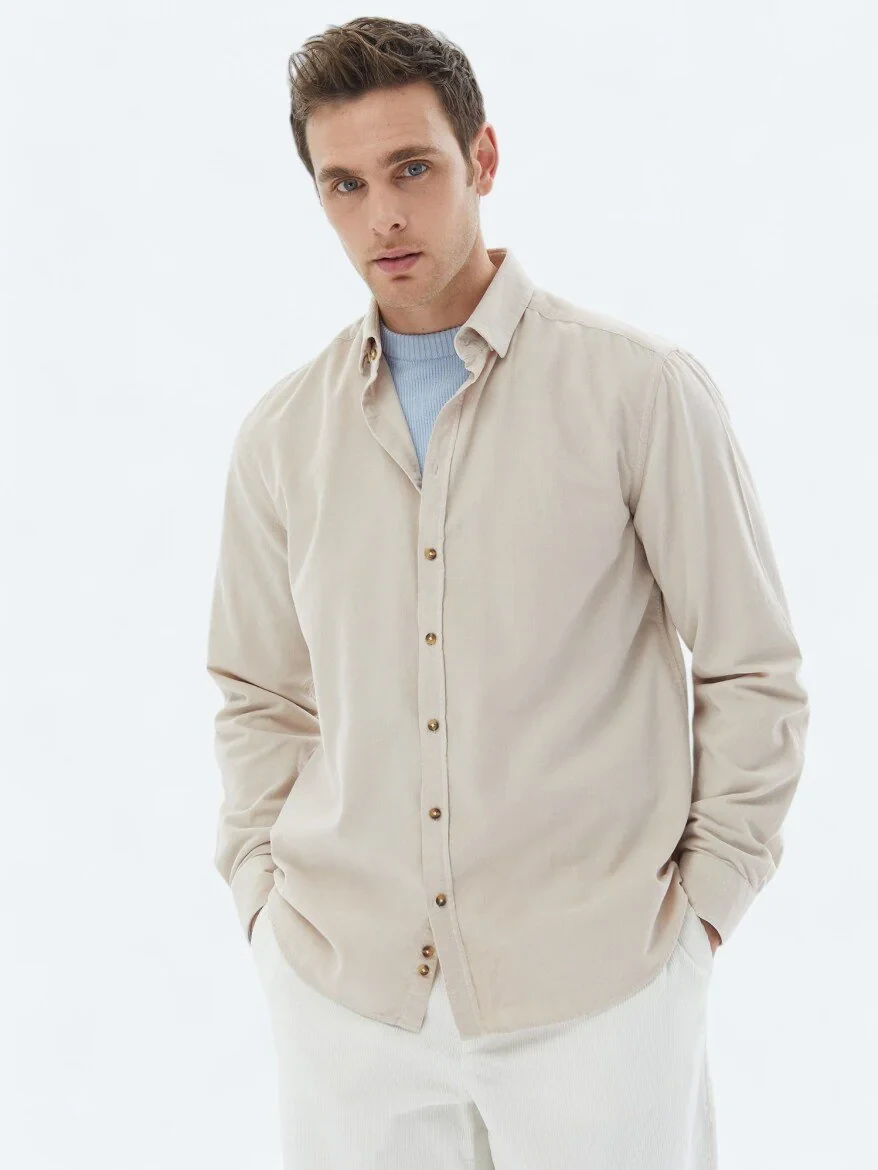 Beige Ribbed Regular Fit Weaving Casual 100% Cotton Shirt - 1