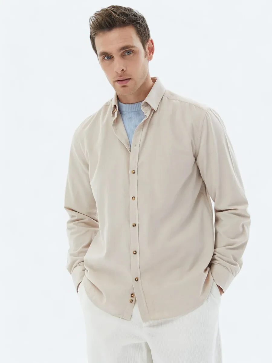 Beige Ribbed Regular Fit Weaving Casual 100% Cotton Shirt - 1