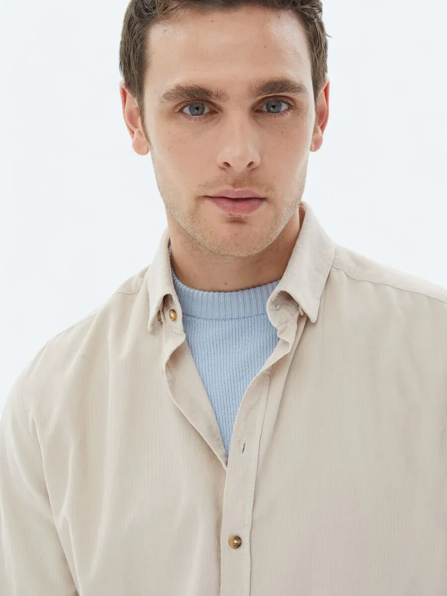 Beige Ribbed Regular Fit Weaving Casual 100% Cotton Shirt - 2