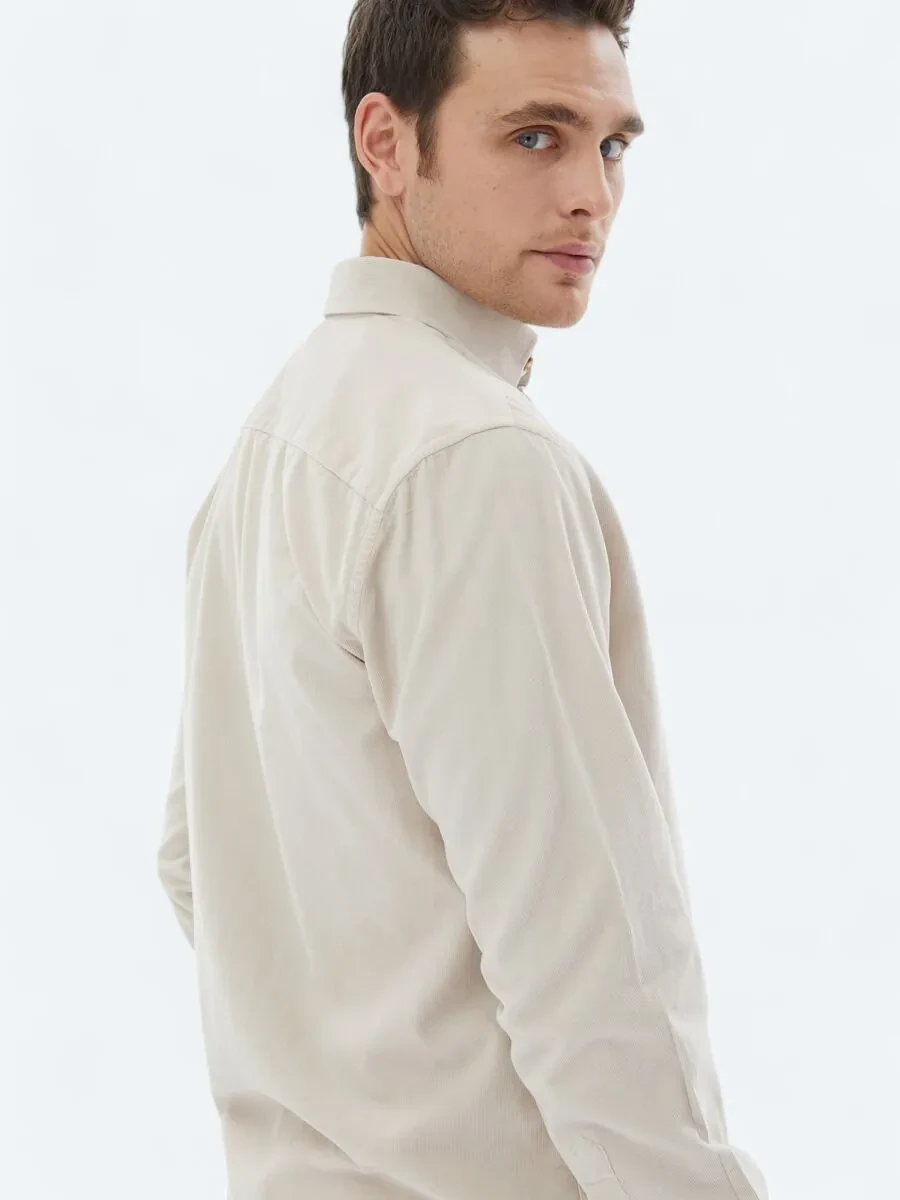 Beige Ribbed Regular Fit Weaving Casual 100% Cotton Shirt - 5