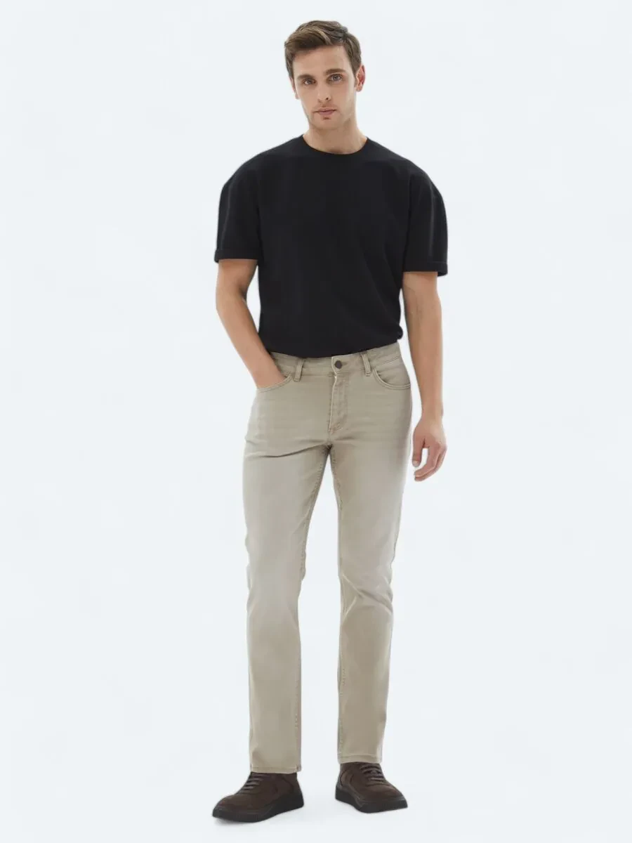 Beige Slim Fit Denim Cotton Blended Trousers - 1
