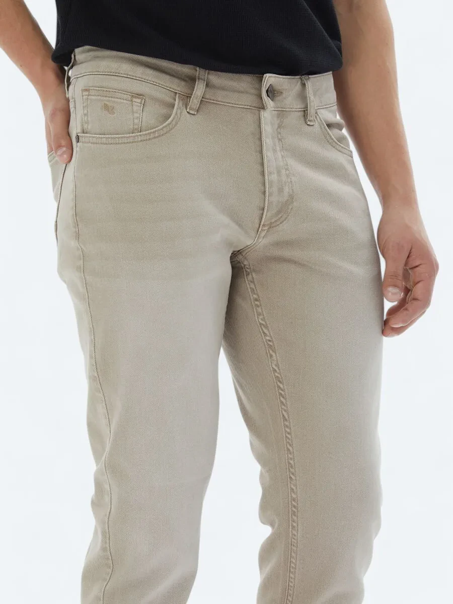 Beige Slim Fit Denim Cotton Blended Trousers - 3