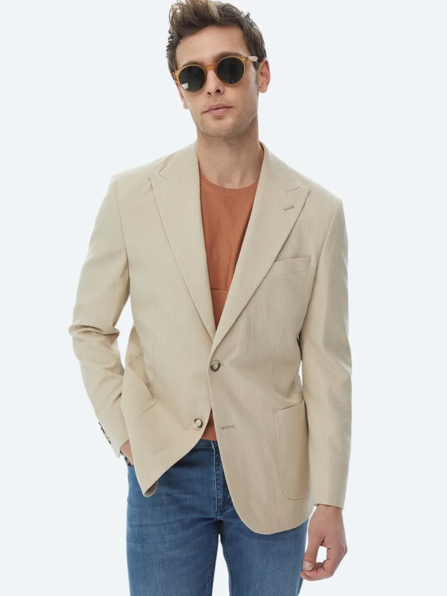 Beige Striped Modern Fit Cotton Blended Jacket - 1