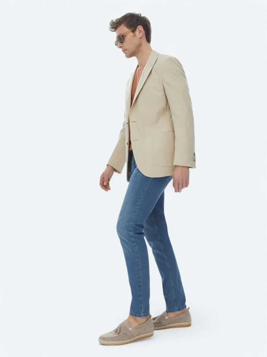 Beige Striped Modern Fit Cotton Blended Jacket - 2
