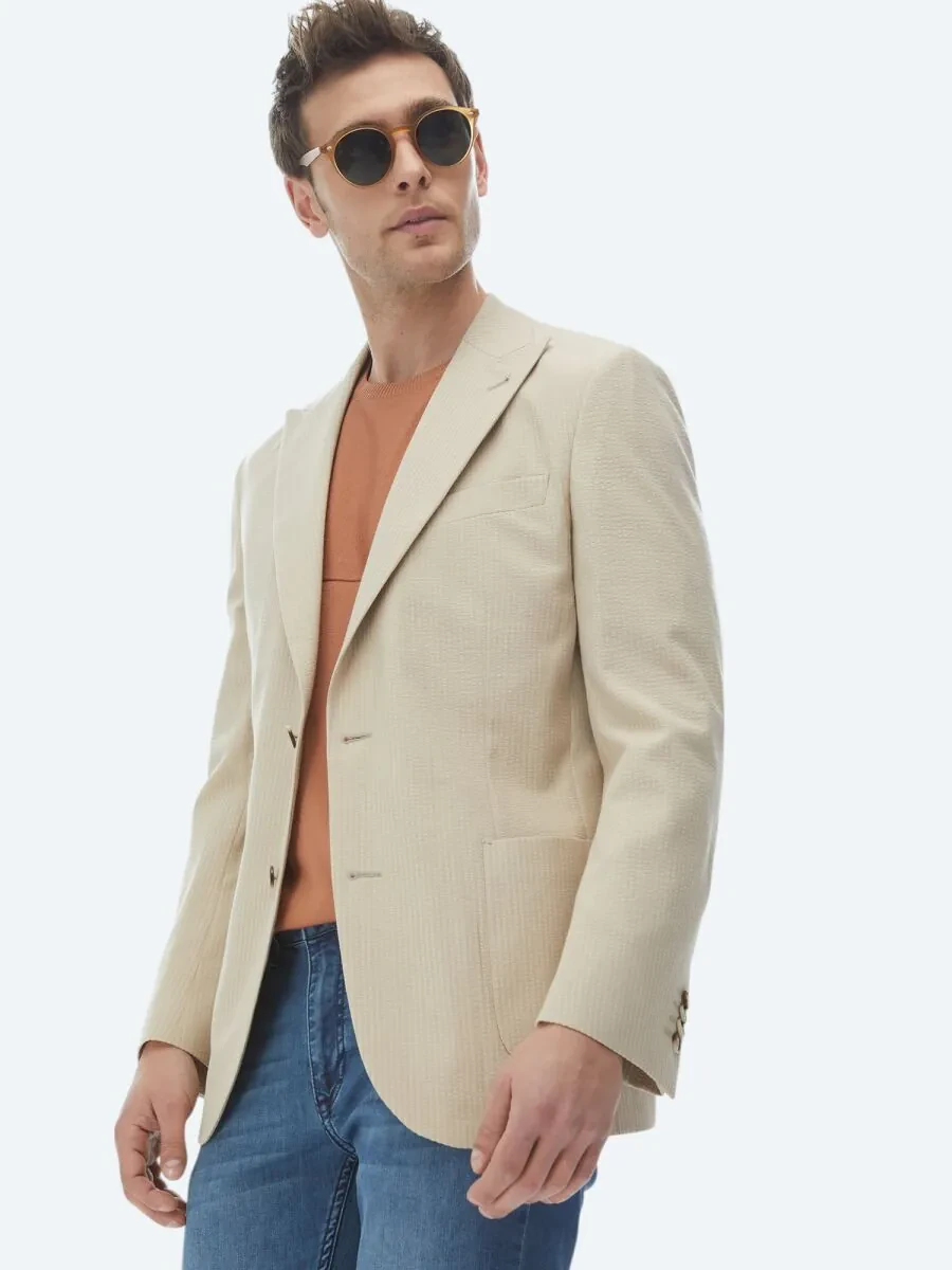 Beige Striped Modern Fit Cotton Blended Jacket - 3