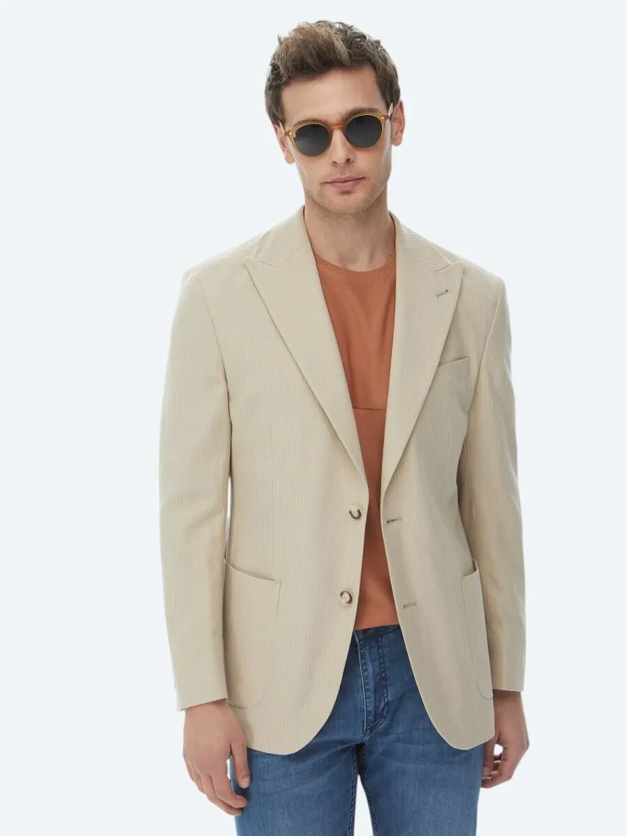 Beige Striped Modern Fit Cotton Blended Jacket - 4