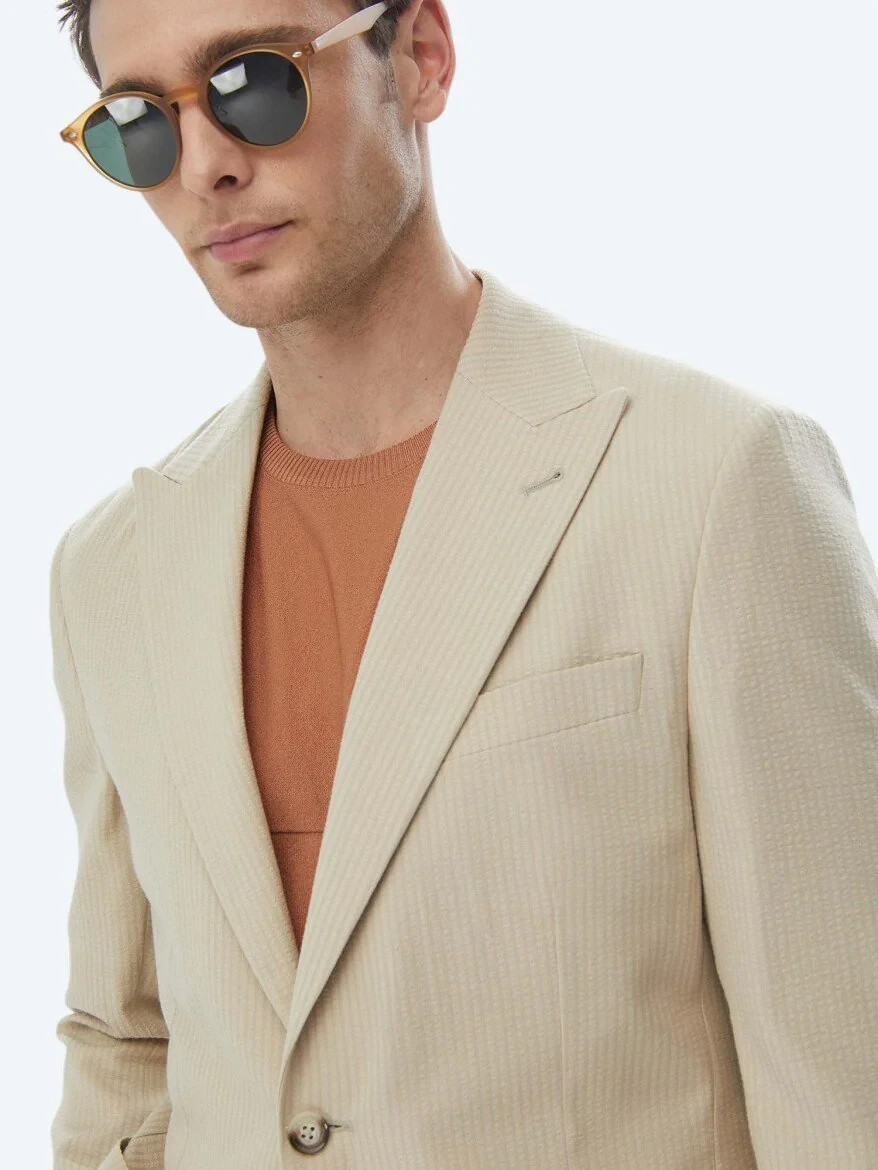 Beige Striped Modern Fit Cotton Blended Jacket - 5