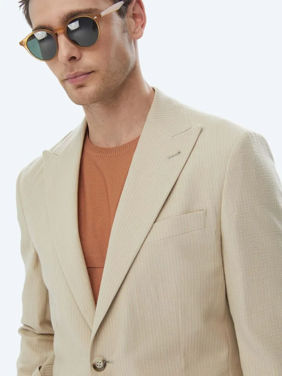 Beige Striped Modern Fit Cotton Blended Jacket - 5