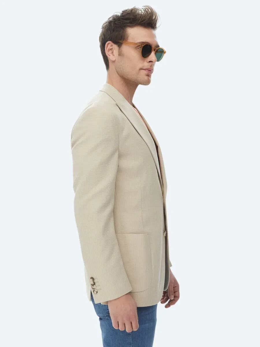 Beige Striped Modern Fit Cotton Blended Jacket - 6