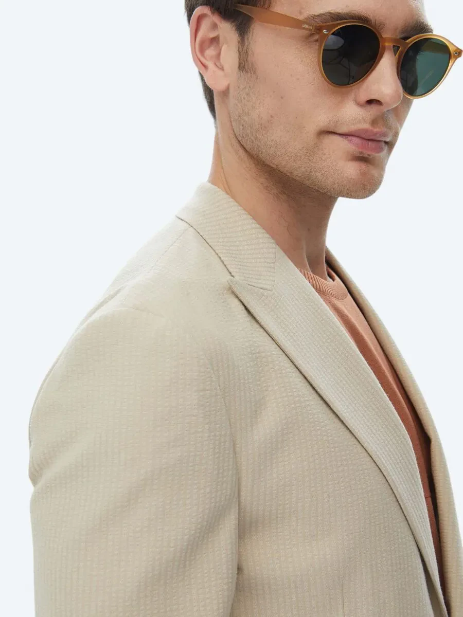 Beige Striped Modern Fit Cotton Blended Jacket - 7