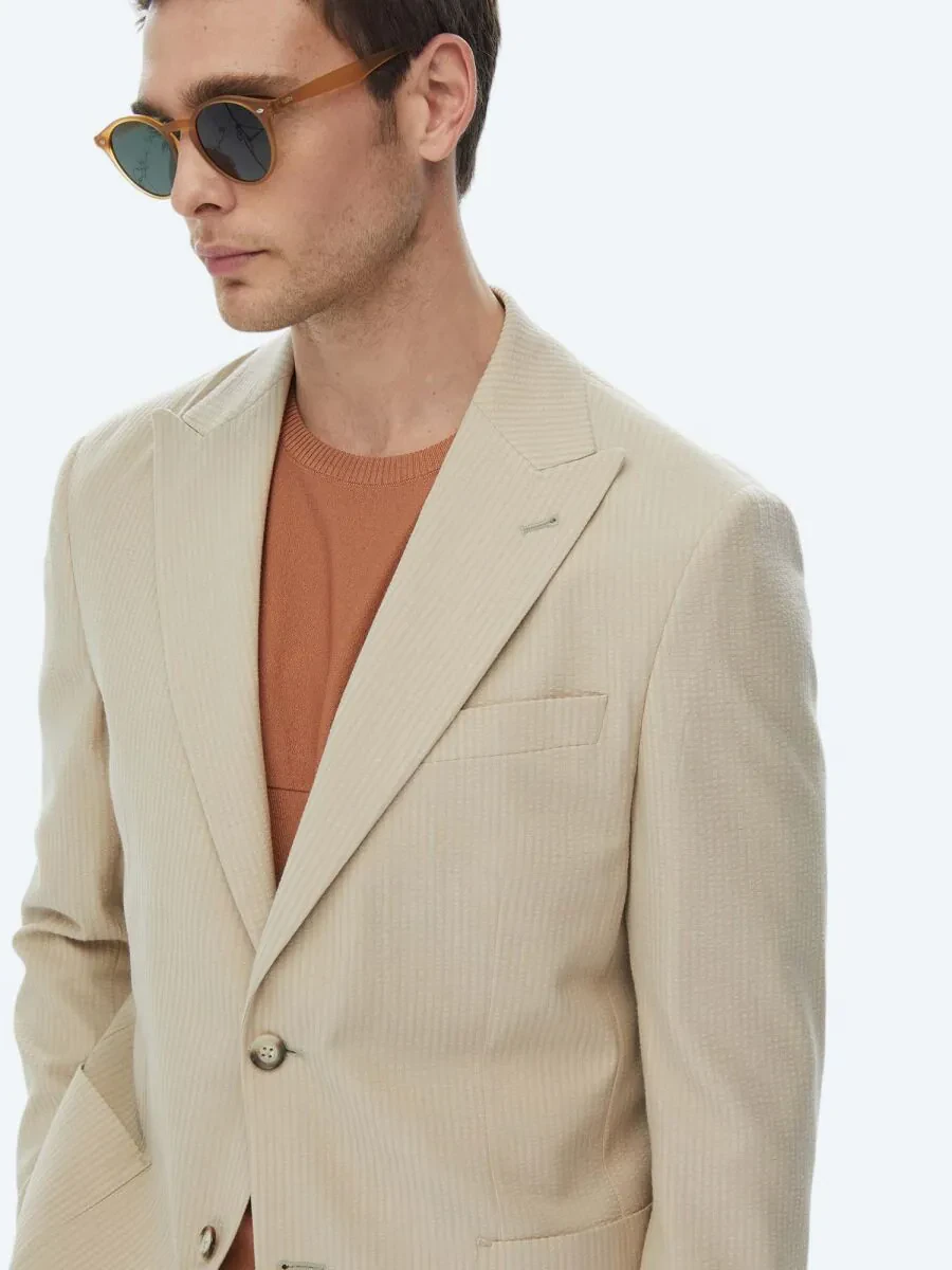 Beige Striped Modern Fit Cotton Blended Jacket - 8