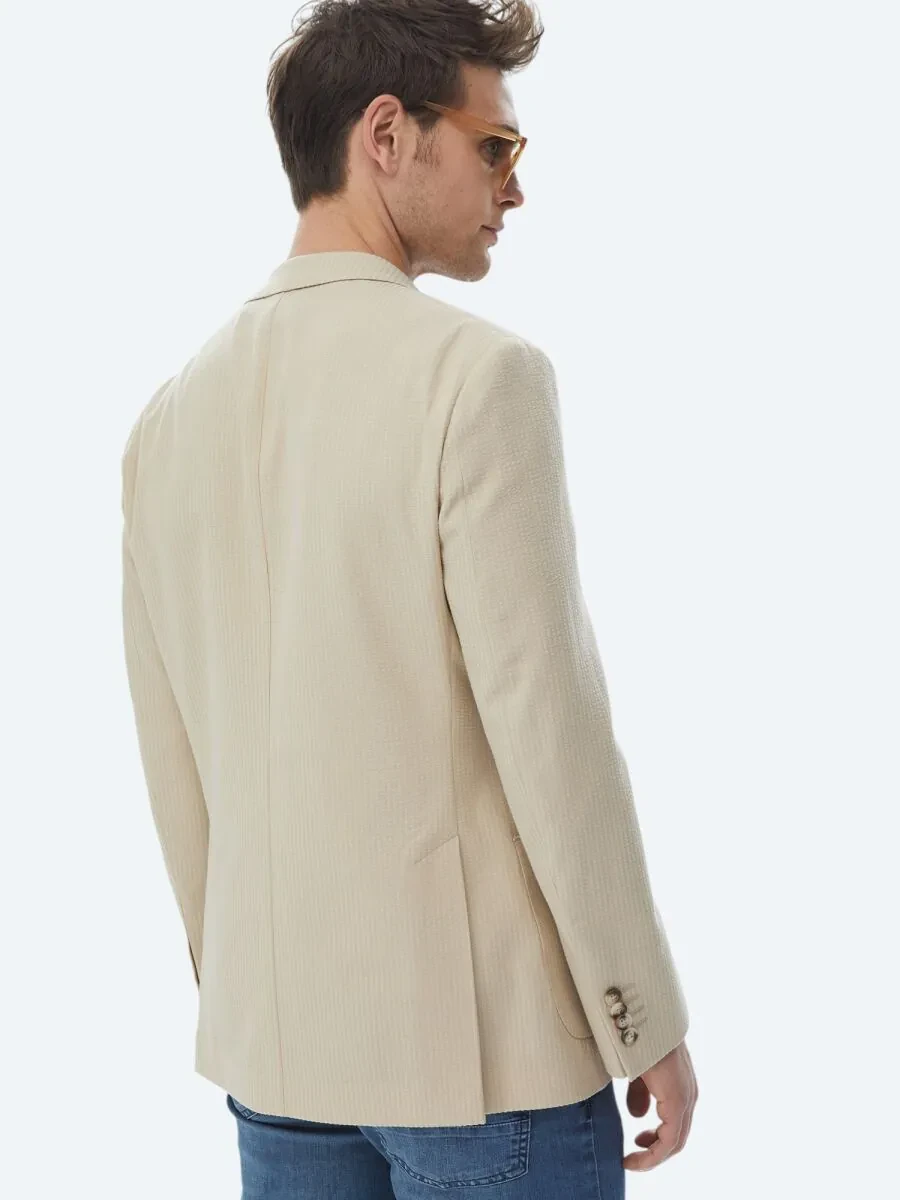 Beige Striped Modern Fit Cotton Blended Jacket - 9