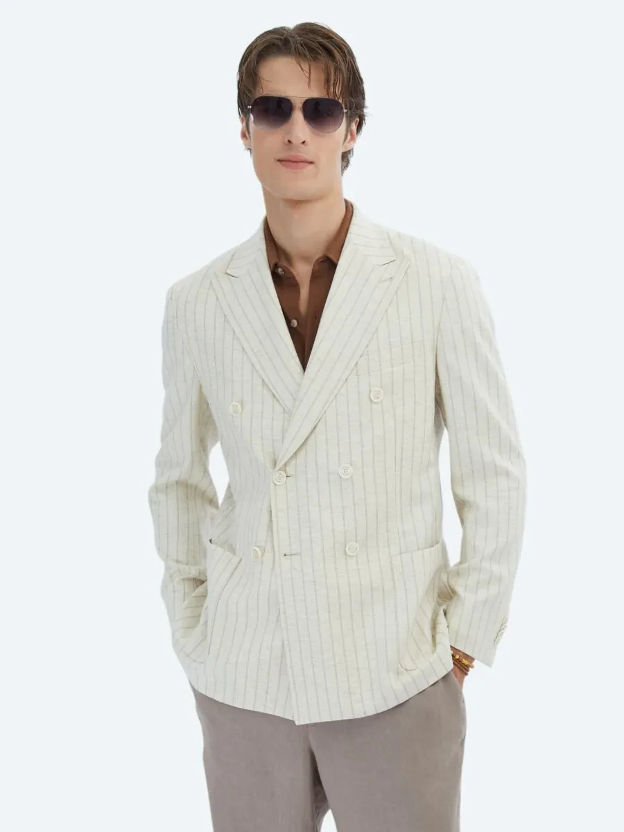 Beige Striped Modern Fit Linen Blended Jacket - 1