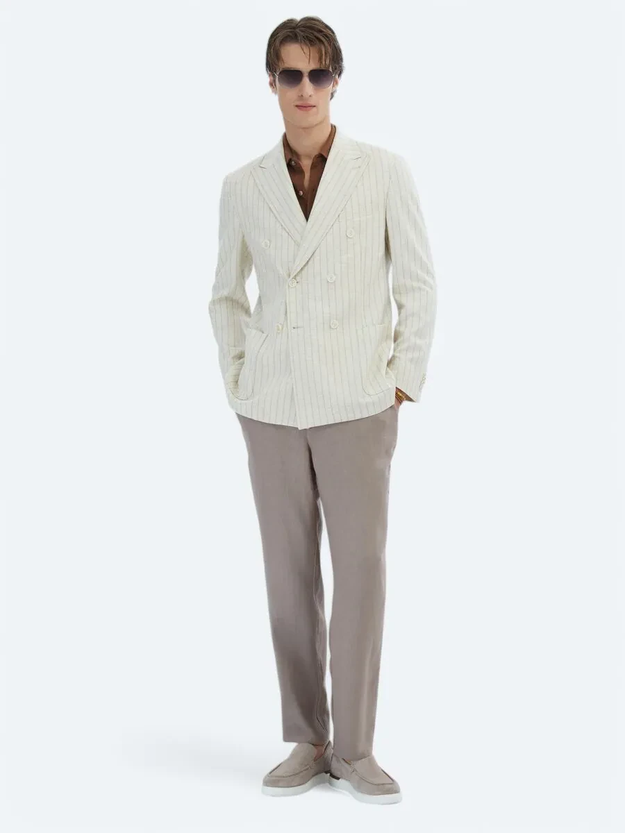 Beige Striped Modern Fit Linen Blended Jacket - 2