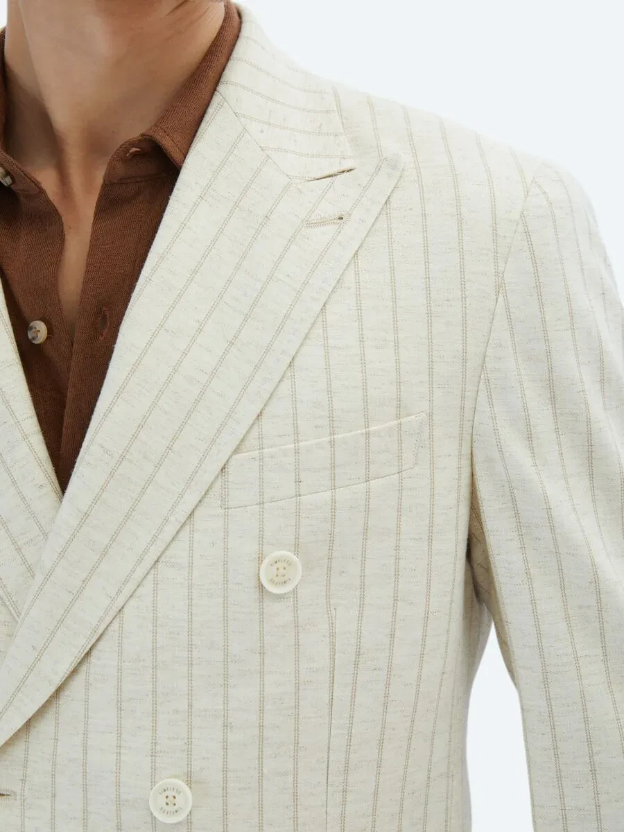 Beige Striped Modern Fit Linen Blended Jacket - 6