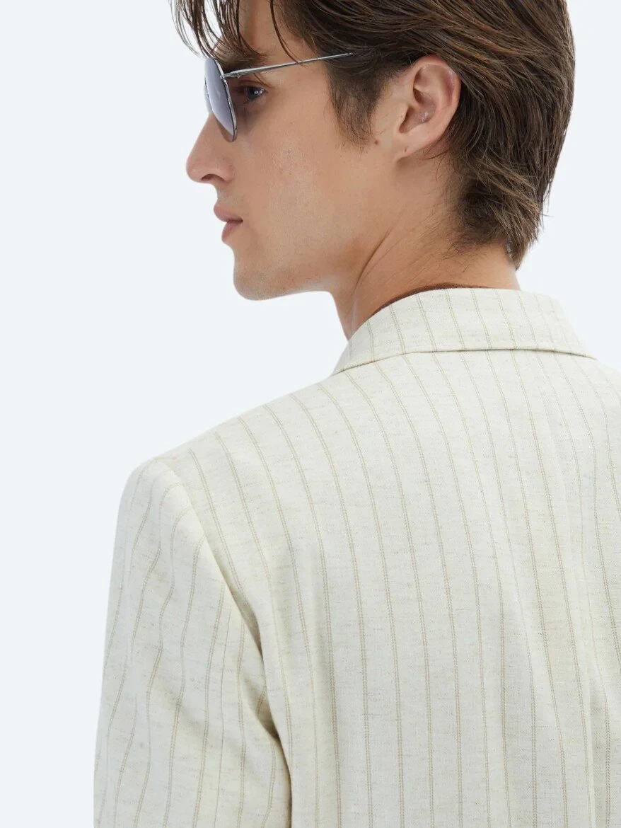 Beige Striped Modern Fit Linen Blended Jacket - 7