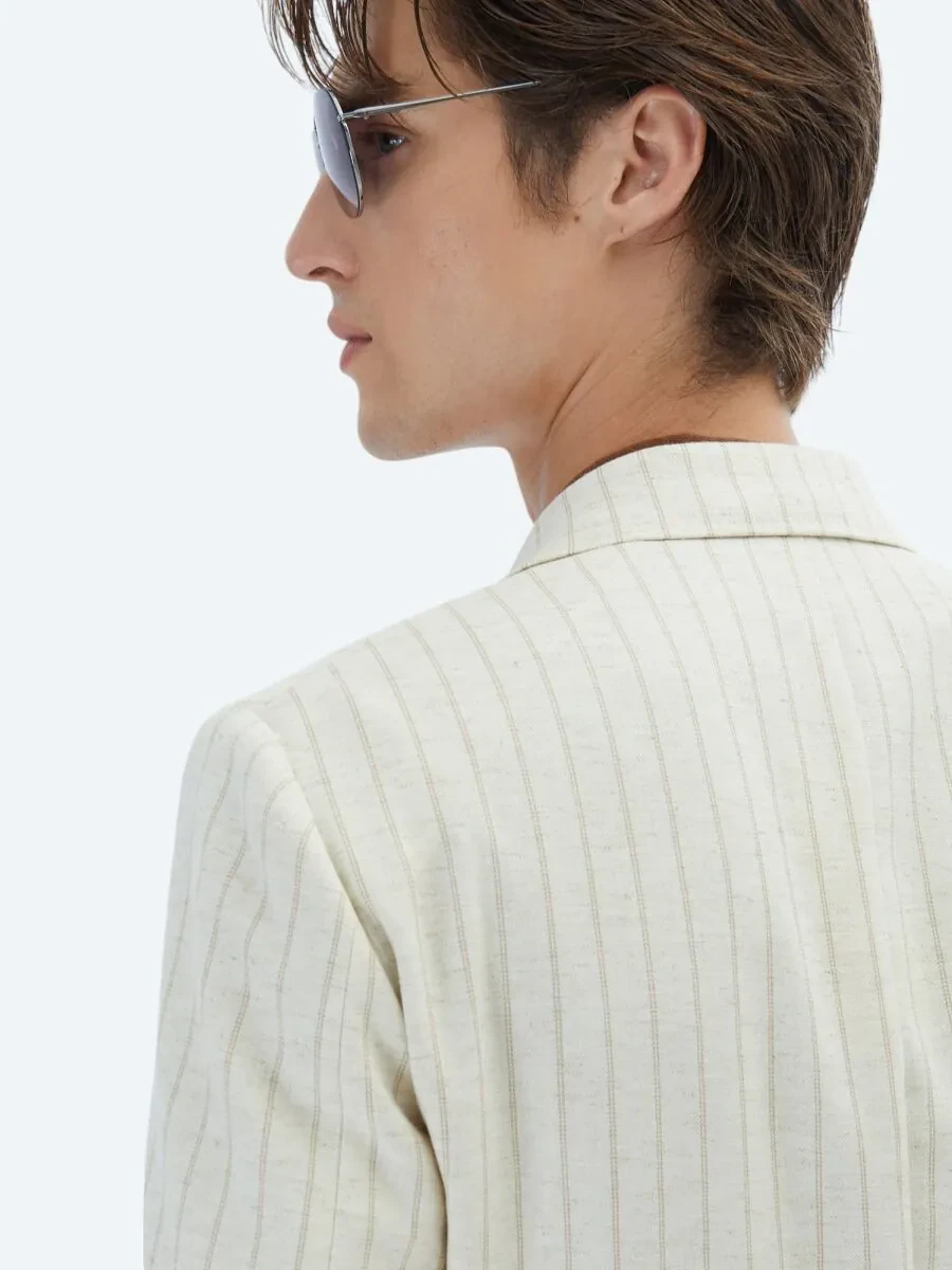 Beige Striped Modern Fit Linen Blended Jacket - 7