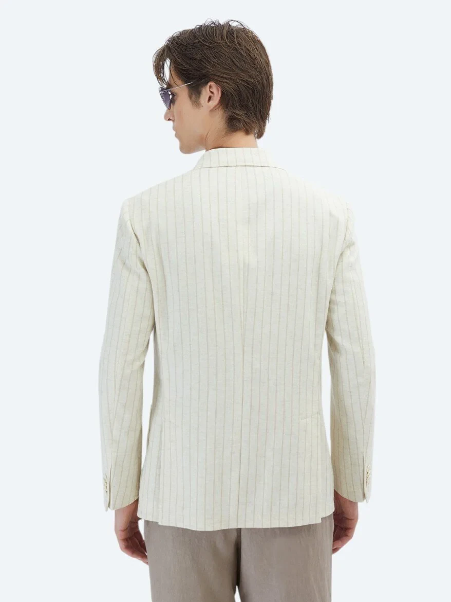 Beige Striped Modern Fit Linen Blended Jacket - 8
