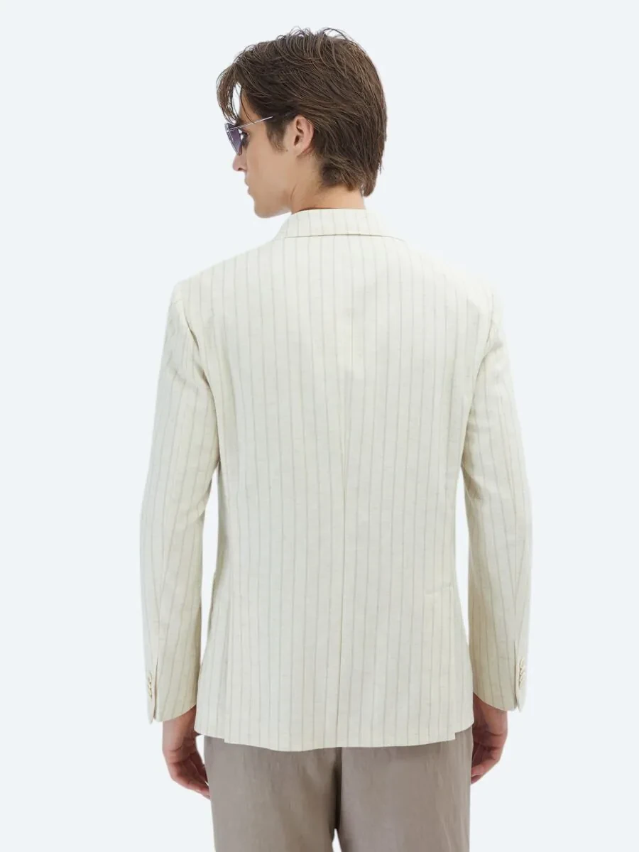 Beige Striped Modern Fit Linen Blended Jacket - 8