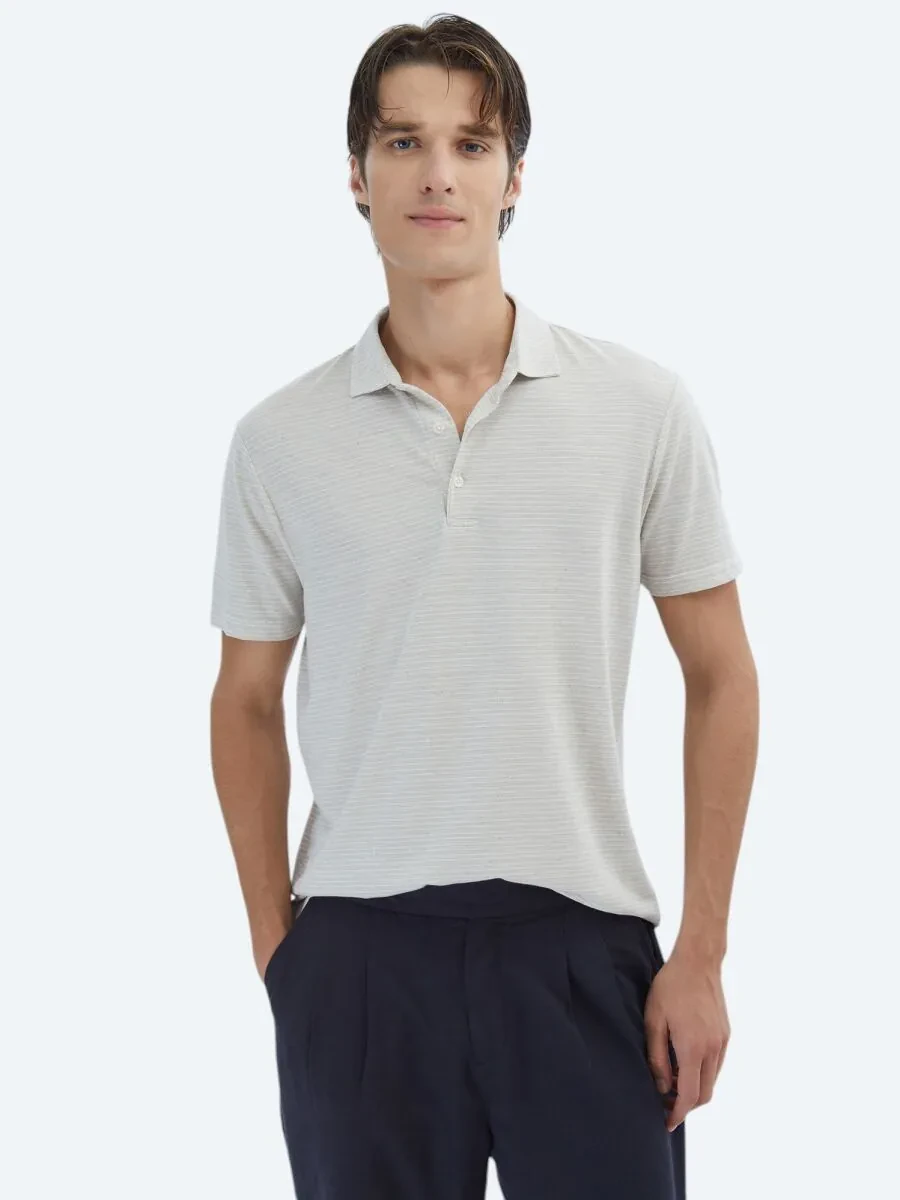 Beige Striped Polo Neck Cotton Blended T-Shirt - 1