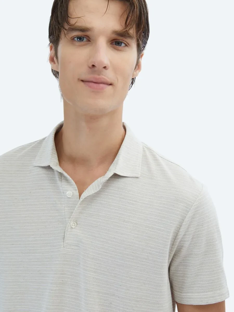 Beige Striped Polo Neck Cotton Blended T-Shirt - 3
