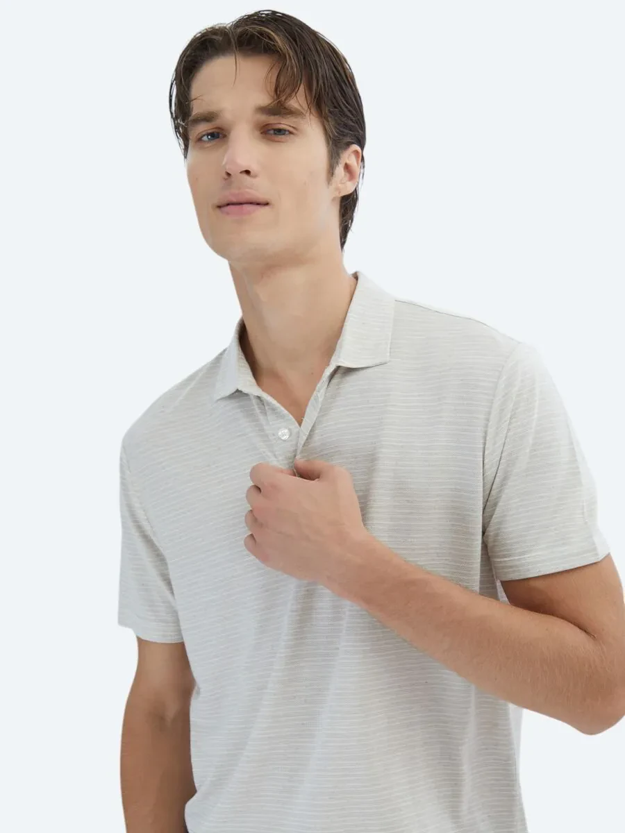 Beige Striped Polo Neck Cotton Blended T-Shirt - 4