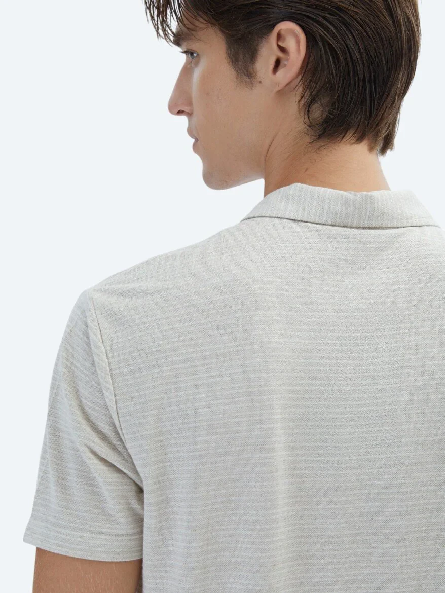 Beige Striped Polo Neck Cotton Blended T-Shirt - 5