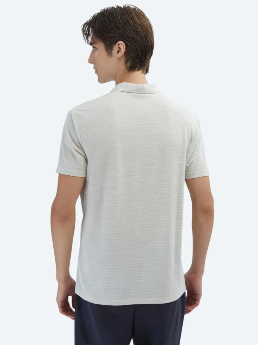 Beige Striped Polo Neck Cotton Blended T-Shirt - 6