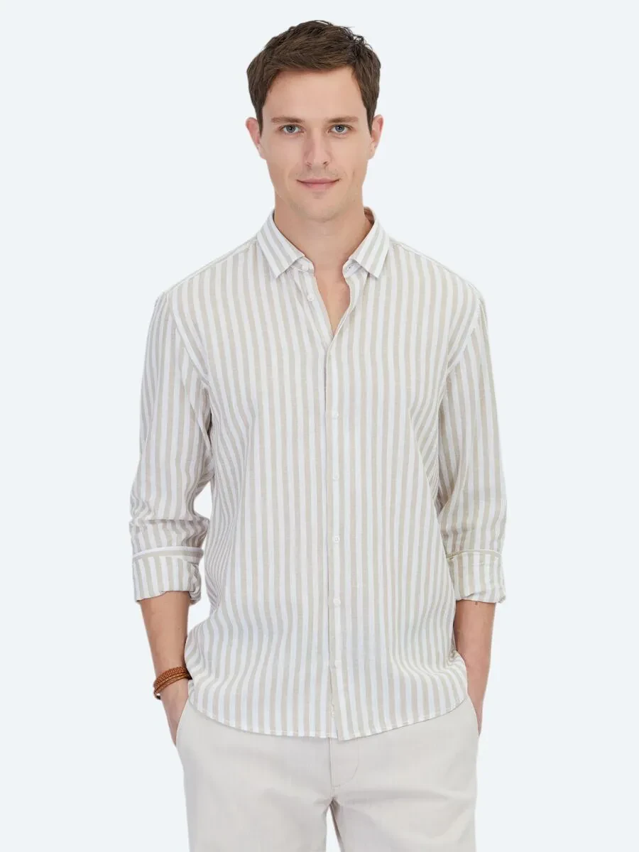 Beige Striped Regular Fit Weaving Casual Cotton Blended Shirt - 1
