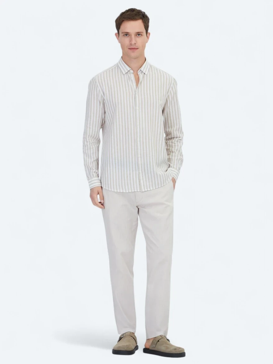 Beige Striped Regular Fit Weaving Casual Cotton Blended Shirt - 2