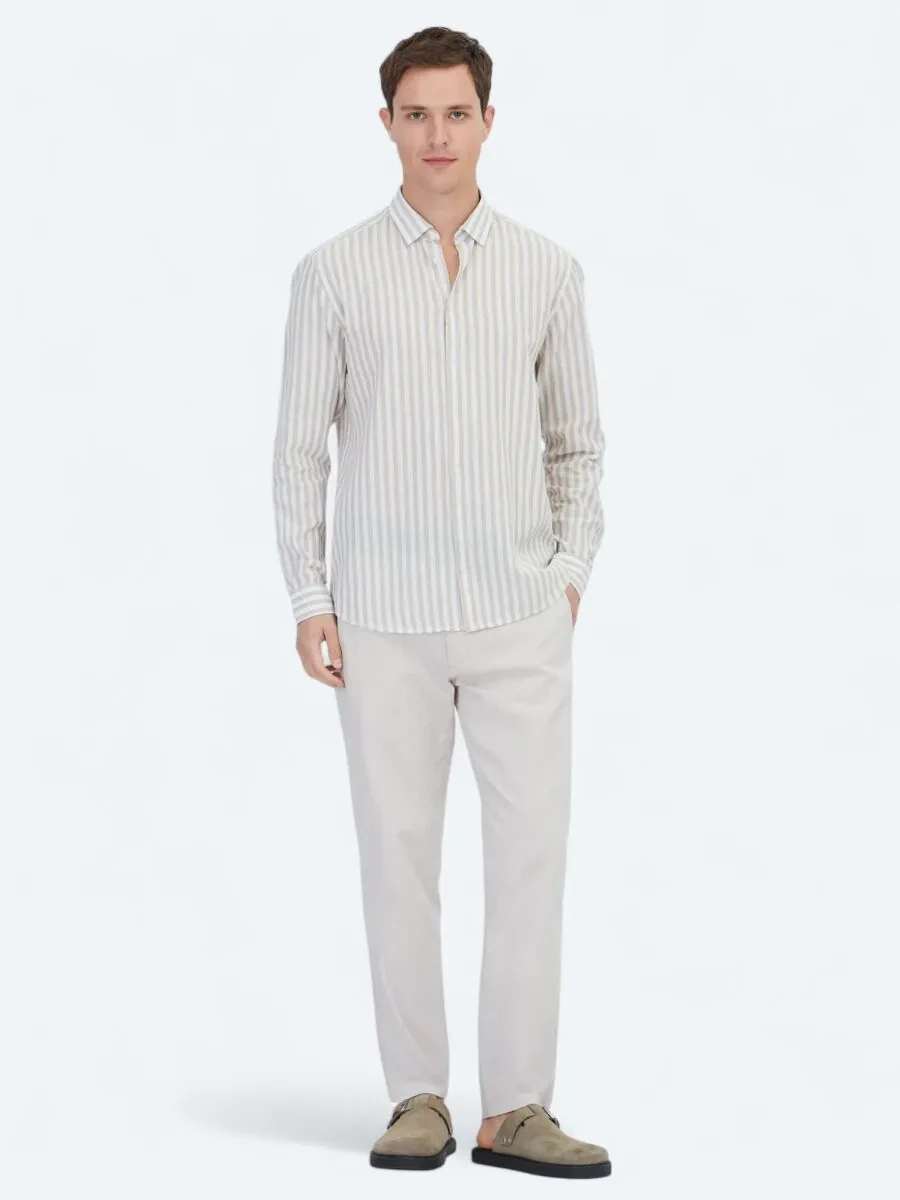 Beige Striped Regular Fit Weaving Casual Cotton Blended Shirt - 2