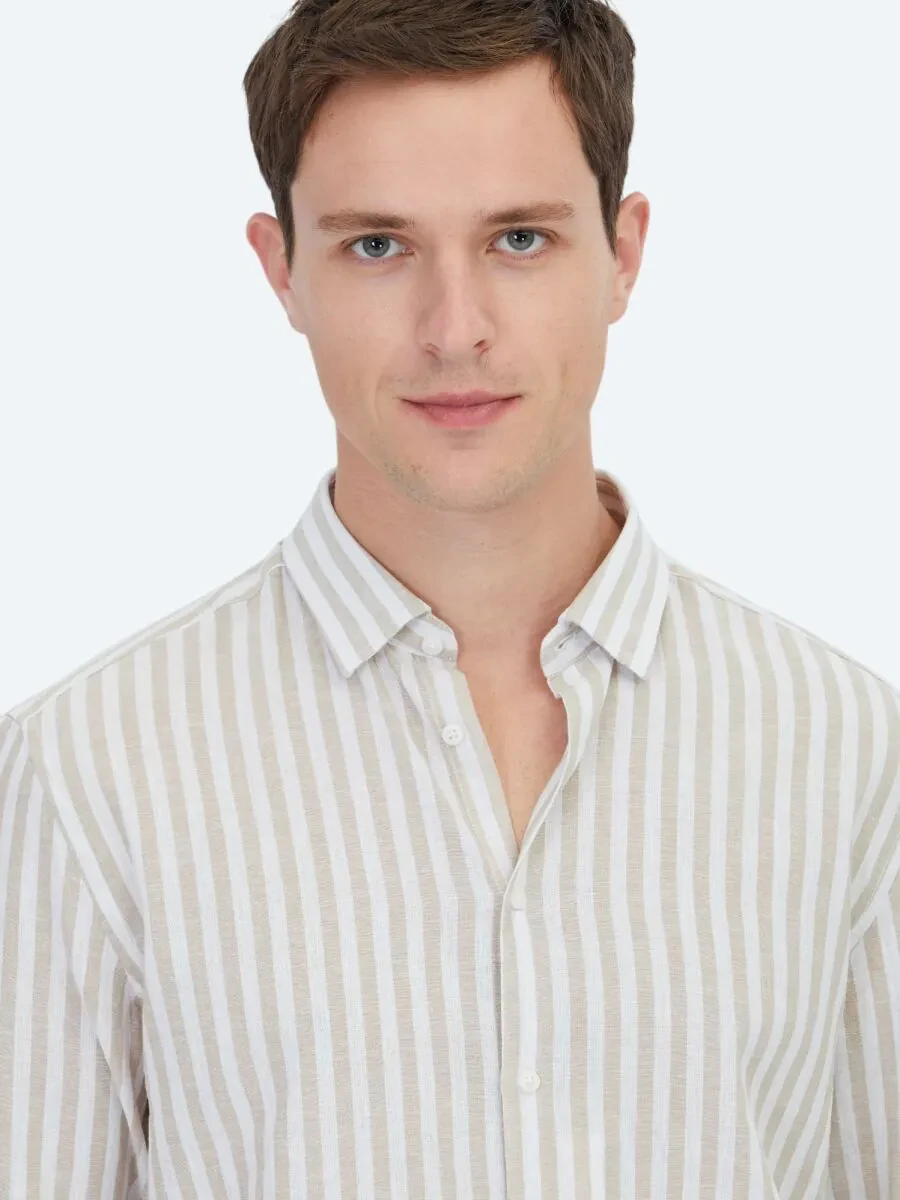 Beige Striped Regular Fit Weaving Casual Cotton Blended Shirt - 3