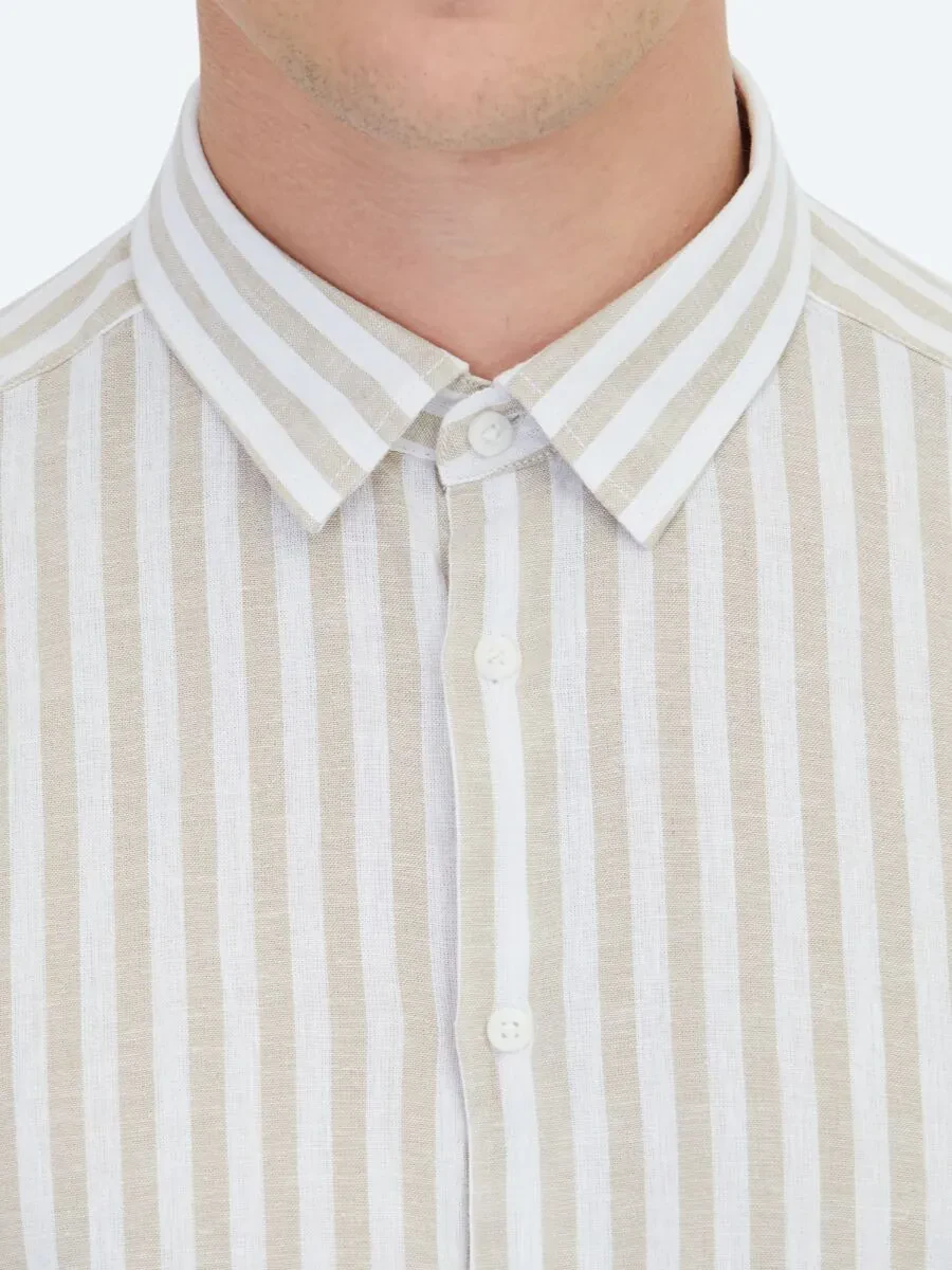 Beige Striped Regular Fit Weaving Casual Cotton Blended Shirt - 5