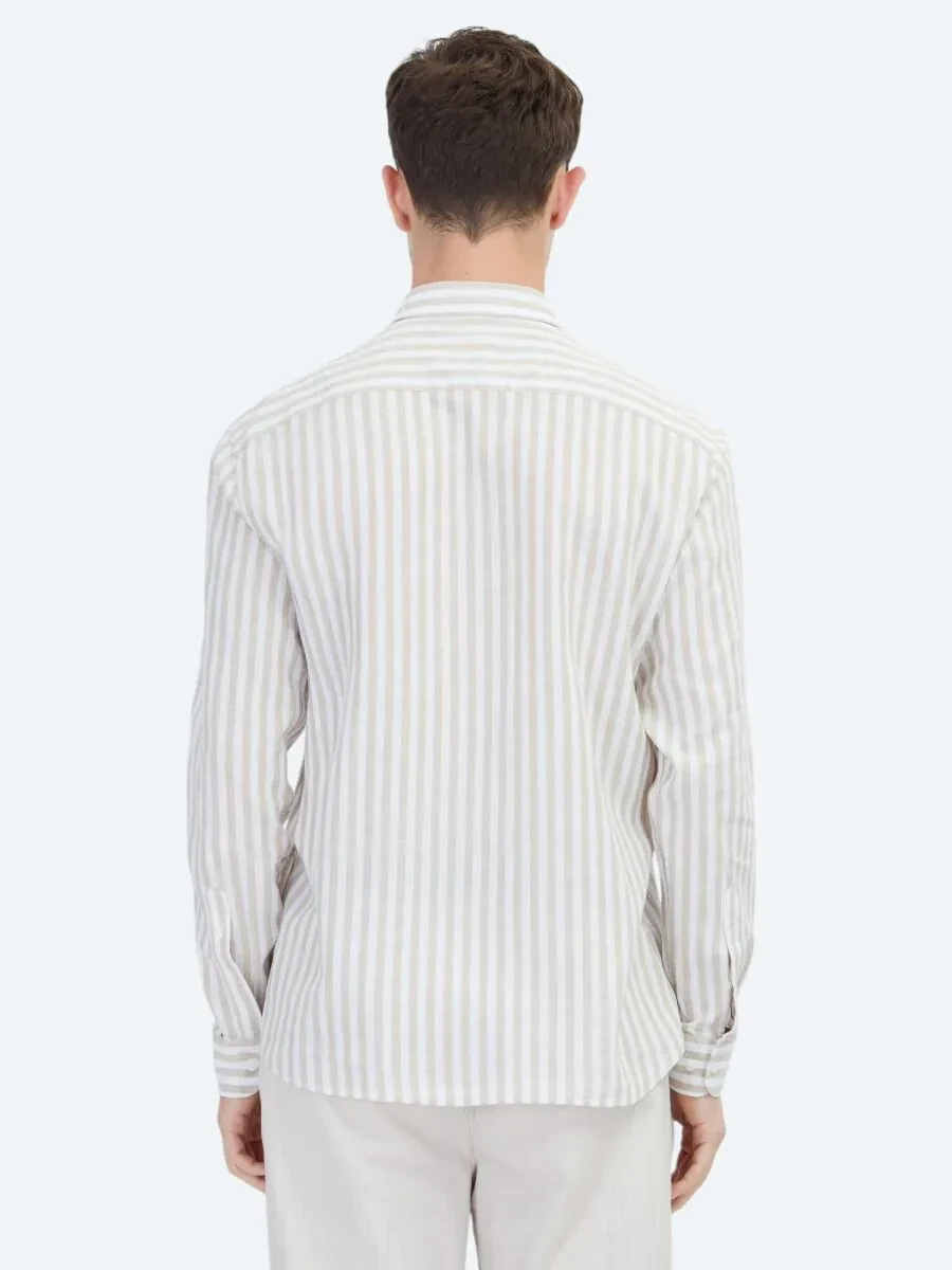 Beige Striped Regular Fit Weaving Casual Cotton Blended Shirt - 6