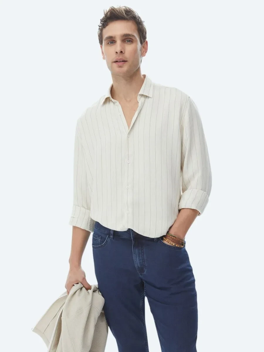 Beige Striped Regular Fit Weaving Casual Linen Blended Shirt - 1