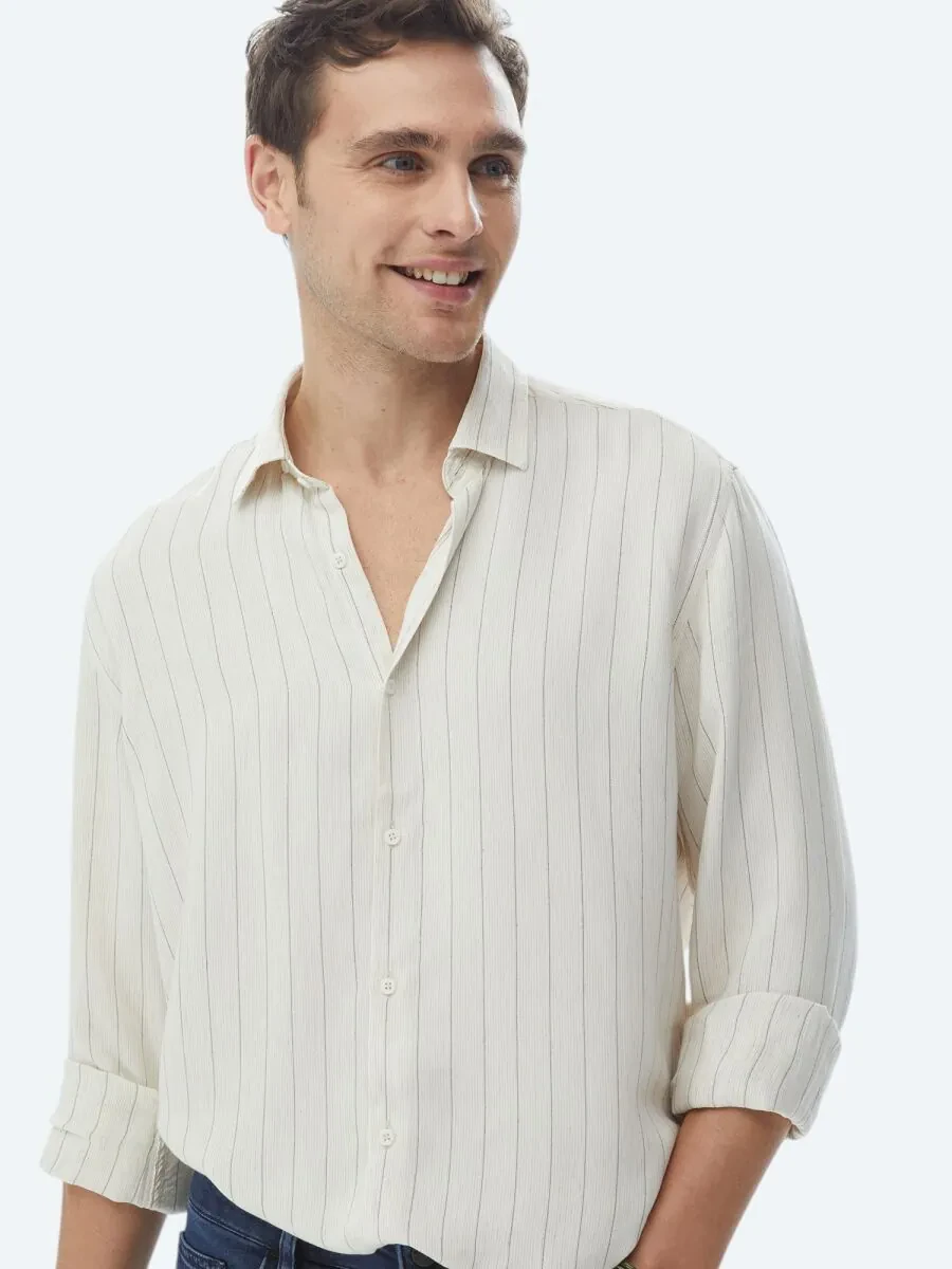 Beige Striped Regular Fit Weaving Casual Linen Blended Shirt - 2