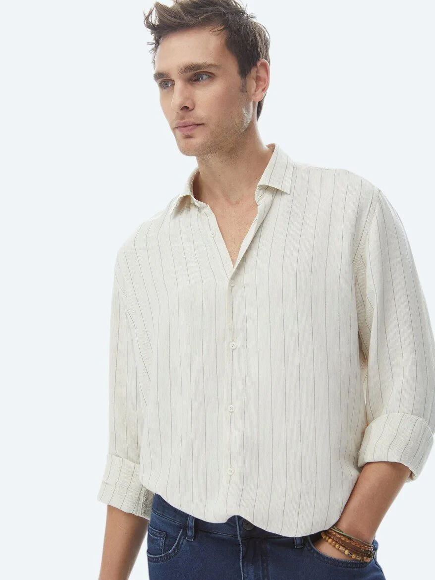 Beige Striped Regular Fit Weaving Casual Linen Blended Shirt - 3