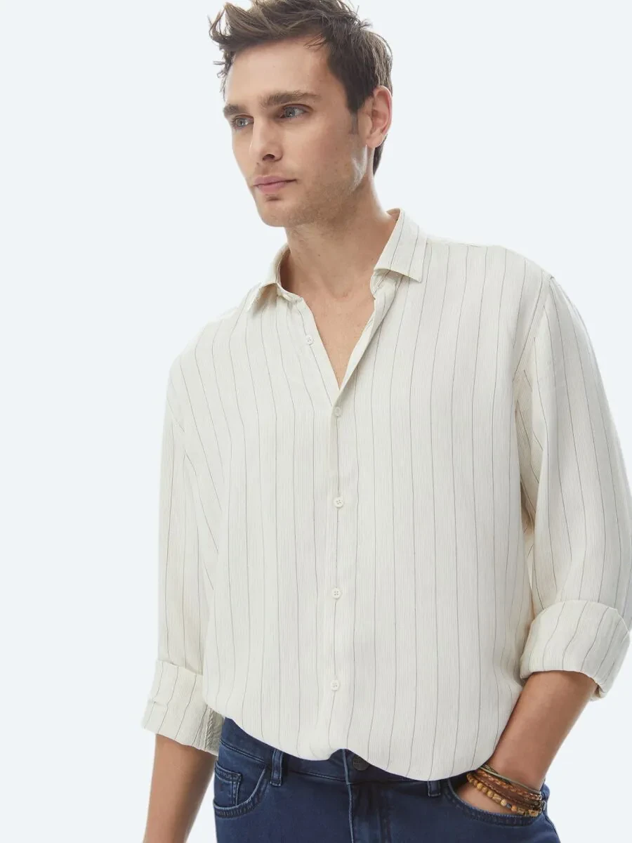 Beige Striped Regular Fit Weaving Casual Linen Blended Shirt - 3