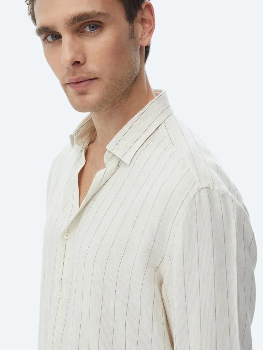 Beige Striped Regular Fit Weaving Casual Linen Blended Shirt - 4